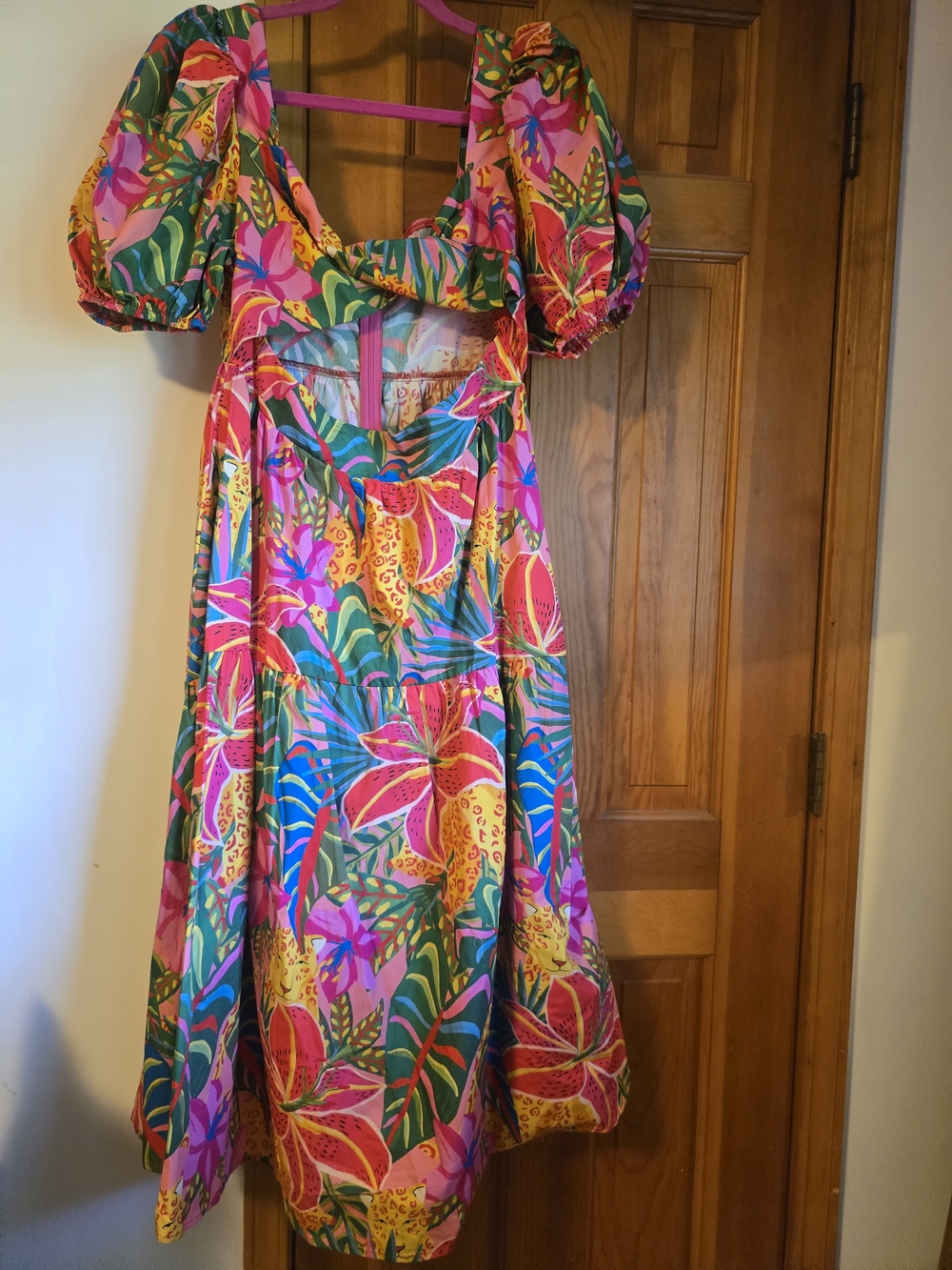 Vibrant Tropical Puff-Sleeve Midi Dress - Pink, Green, Yellow NWT